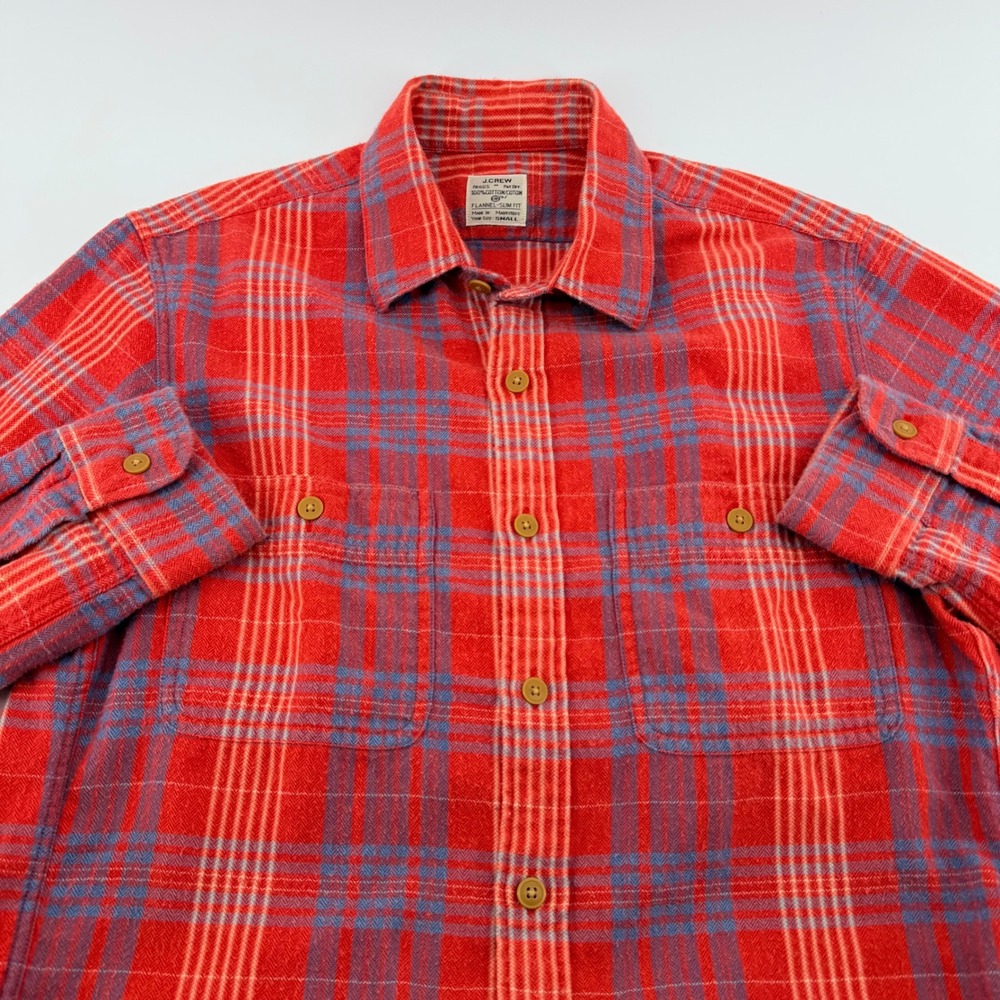 J.Crew Slim Fit Flannel Shirt Plaid Cotton Herringbone Small Red Blue 92937